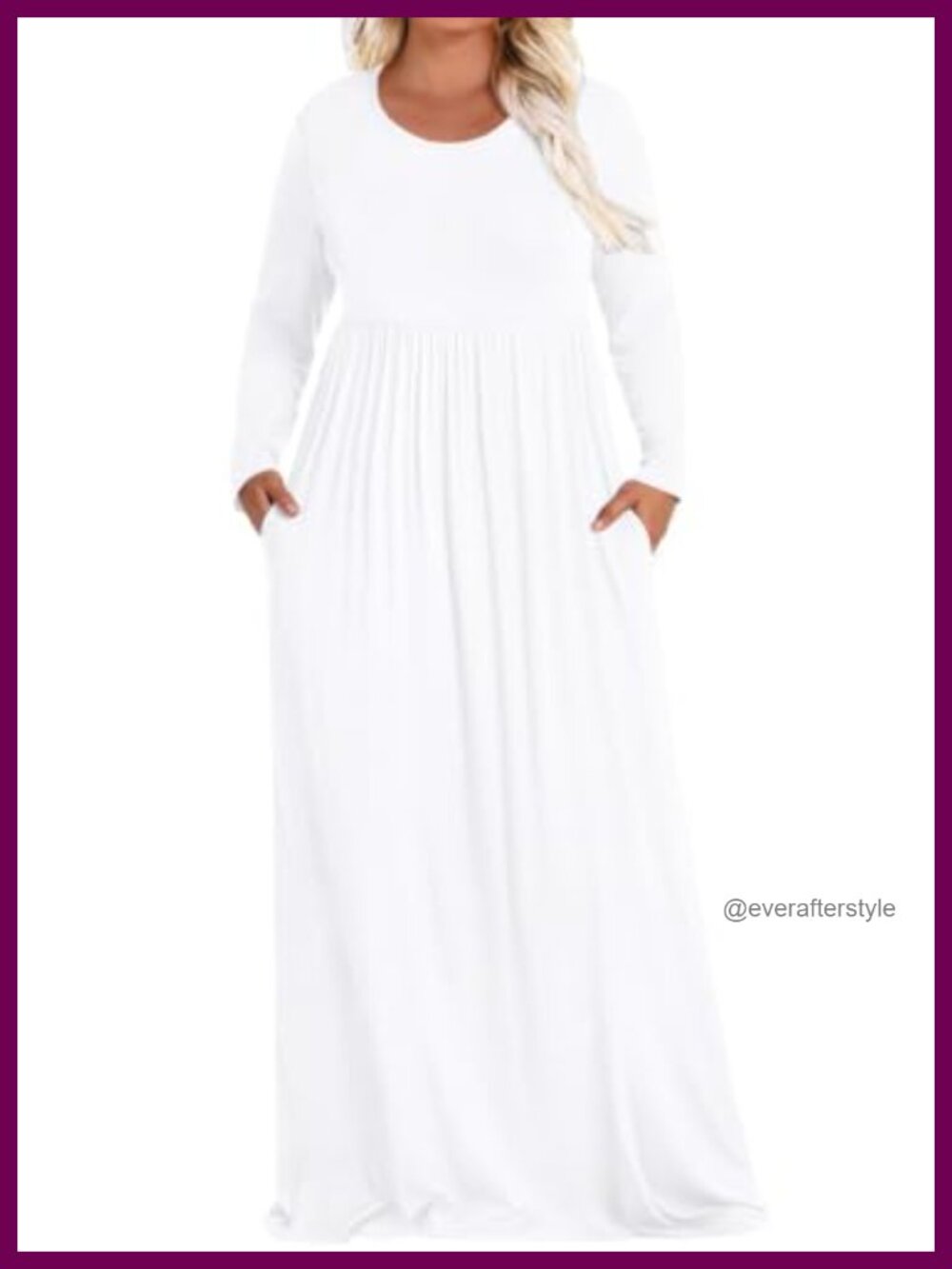 Womens Plus Size Maxi Dress Long Sleeve Round Neck Empire Waist Hidden Pockets